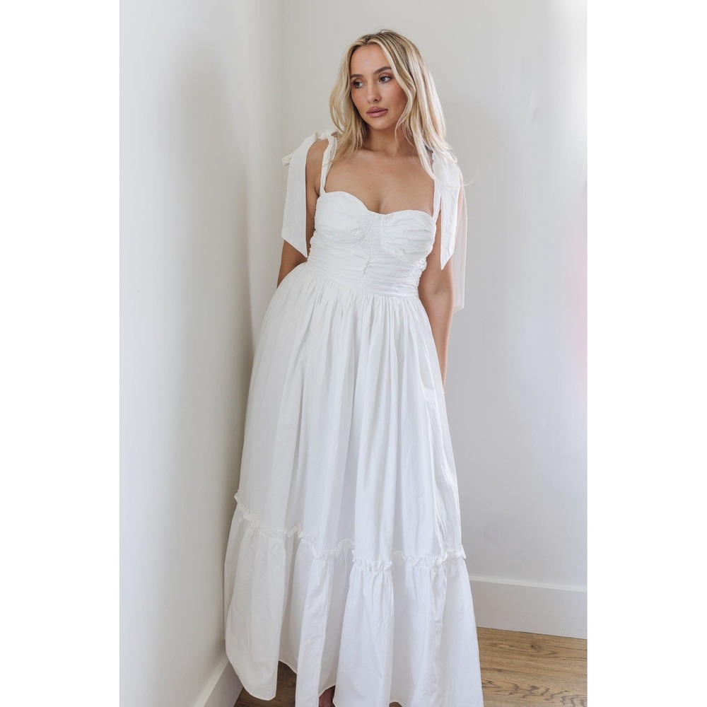 Mable White Tie Shoulder Bustier Midi Dress Ruched Tiered Cottagecore Large